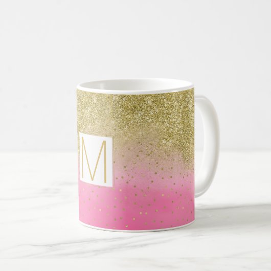 Rosa Aquarellfarben Imitate Gold Glitzer Monogram Kaffeetasse (VorderseiteRechts)