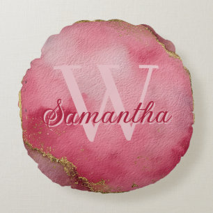 Rosa Aquarellfarben mit Gold Glitzer Rundes Kissen
