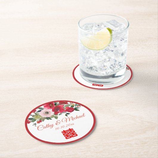 Rosa Aquarellfarben Moderne Chinesische Hochzeit Runder Pappuntersetzer (Vor Ort)