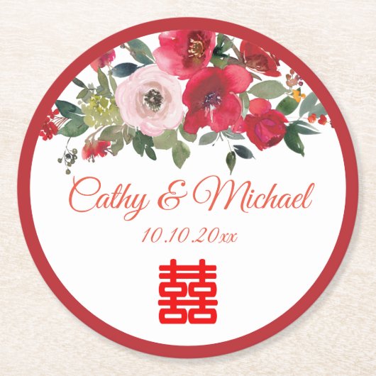 Rosa Aquarellfarben Moderne Chinesische Hochzeit Runder Pappuntersetzer (Vorderseite)