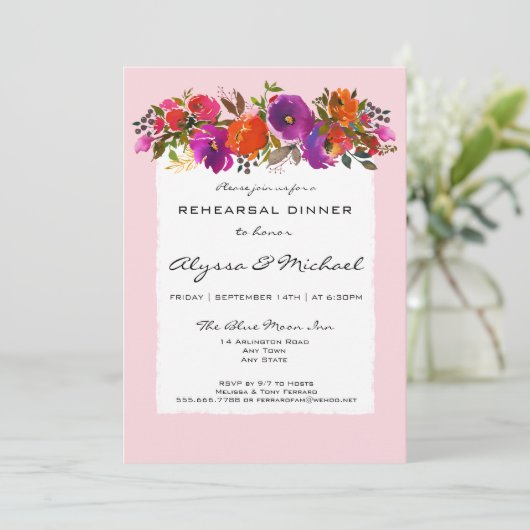 Rosa Aquarellfarben Probe Abendessen Einladung (Stehend Vorderseite)