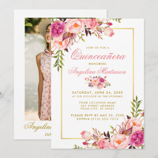 Rosa Aquarellfarben Quinceanera Foto Gold Einladung