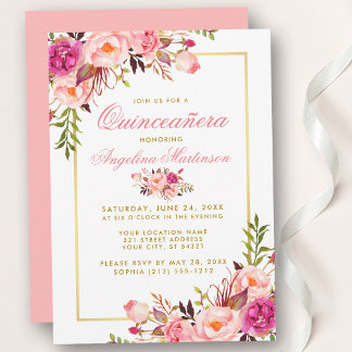 Rosa Aquarellfarben Quinceanera Gold Einladung