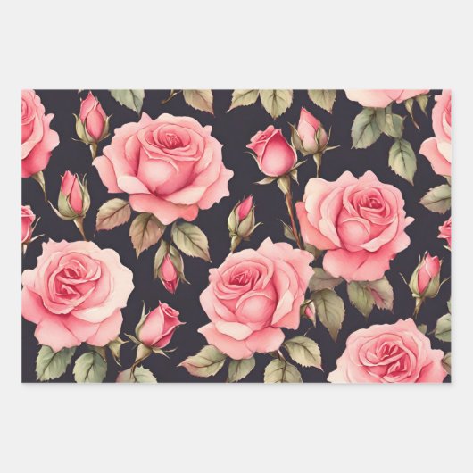 Rosa Aquarellfarben-Rose auf schwarzem Hintergrund Geschenkpapier Set (Vorderseite 2)