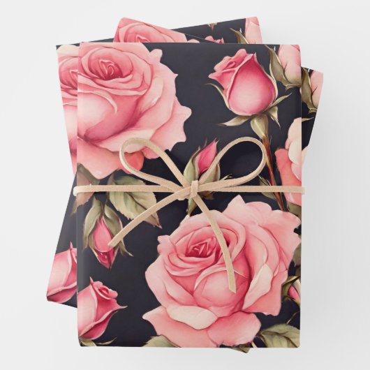 Rosa Aquarellfarben-Rose auf schwarzem Hintergrund Geschenkpapier Set (Beispiel)