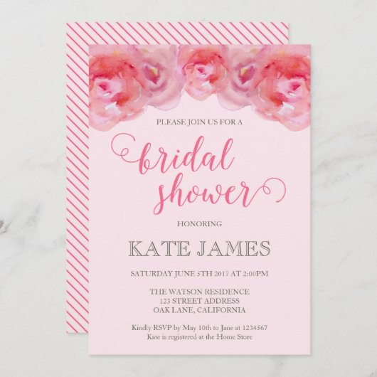 Rosa Aquarellfarben Rose Brautdusche Einladung (Vorne/Hinten)