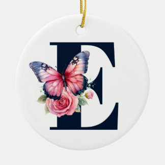 Rosa Aquarellfarben Rose Butterfly Navy Monogram F Keramik Ornament
