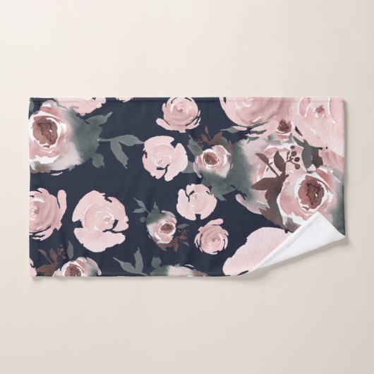 Rosa Aquarellfarben Rose Dunkelblau Badhandtuch Set (Handtuch)