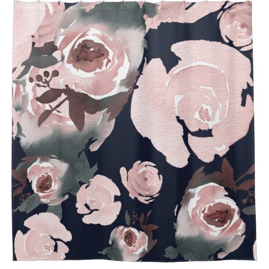 Rosa Aquarellfarben Rose Dunkelblau Duschvorhang (Vorderseite)