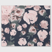 Rosa Aquarellfarben Rose Dunkles Navy Blue Floral  Geschenkpapier (Flach)