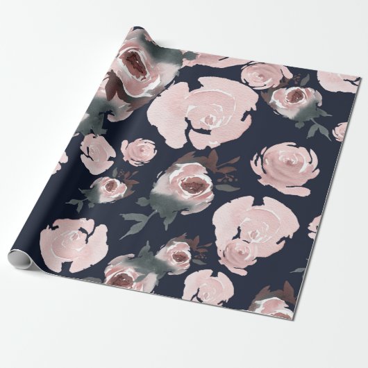 Rosa Aquarellfarben Rose Dunkles Navy Blue Floral  Geschenkpapier (Ungerollt)