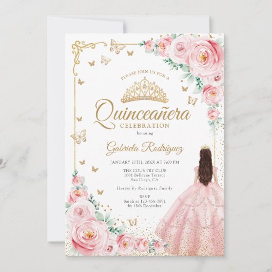 Rosa Aquarellfarben Rose Gold Quinceanera Einladung (Vorderseite)