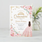 Rosa Aquarellfarben Rose Gold Quinceanera Einladung (Stehend Vorderseite)