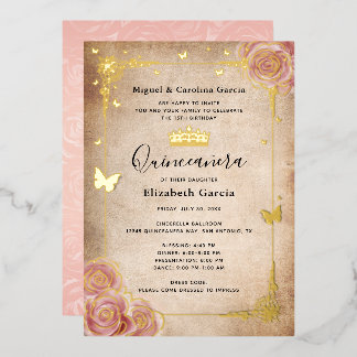 Rosa Aquarellfarben Rose Gold Quinceñera Folieneinladung