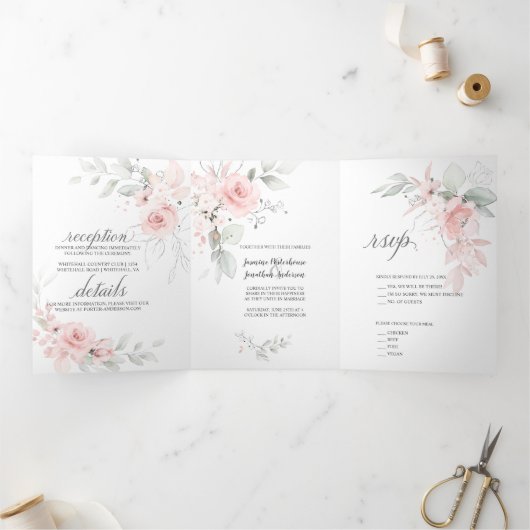 Rosa Aquarellfarben Rose Grün Blätter Dreifach Gefaltete Einladung (Innenseite)