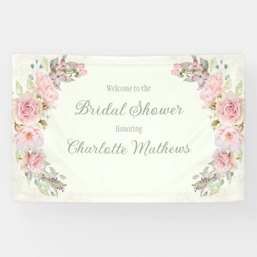 Rosa Aquarellfarben Rose Grün Brautparty Banner (Horizontal)