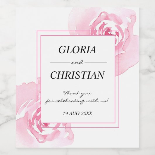 Rosa Aquarellfarben Rose Hochzeitsoße Wein Weinetikett (Einzelnes Label)