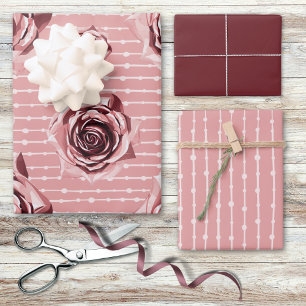 Rosa Aquarellfarben Rose Linien und Punkte Multi Geschenkpapier Set