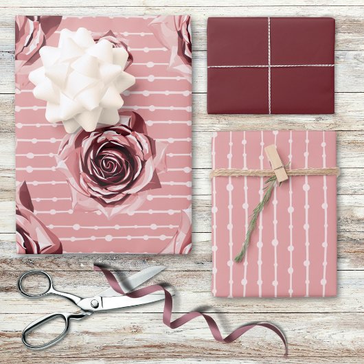 Rosa Aquarellfarben Rose Linien und Punkte Multi Geschenkpapier Set