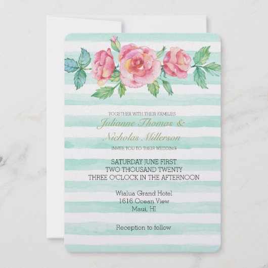Rosa Aquarellfarben Rose Minzstreifen Hochzeiten Einladung (Vorderseite)
