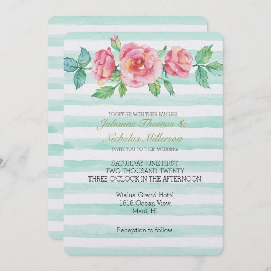 Rosa Aquarellfarben Rose Minzstreifen Hochzeiten Einladung (Vorne/Hinten)