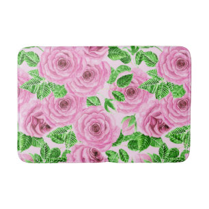 Rosa Aquarellfarben-Rose mit Blätter und Knospen-P Badematte