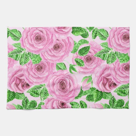 Rosa Aquarellfarben-Rose mit Blätter und Knospen-P Handtuch (Horizontal)