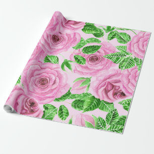 Rosa Aquarellfarben-Rose mit Blätter und Knospenmu Geschenkpapier