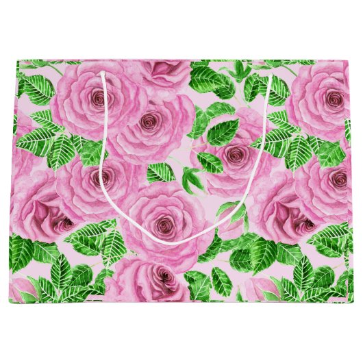 Rosa Aquarellfarben-Rose mit Blätter und Knospenmu Große Geschenktüte (Vorderseite)
