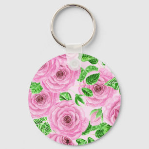 Rosa Aquarellfarben-Rose mit Blätter und Knospenmu Schlüsselanhänger