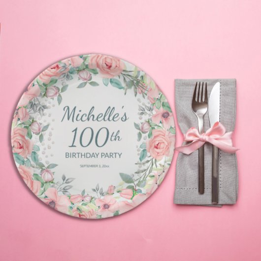 Rosa Aquarellfarben Rose Perlen 100. Geburtstag Pappteller