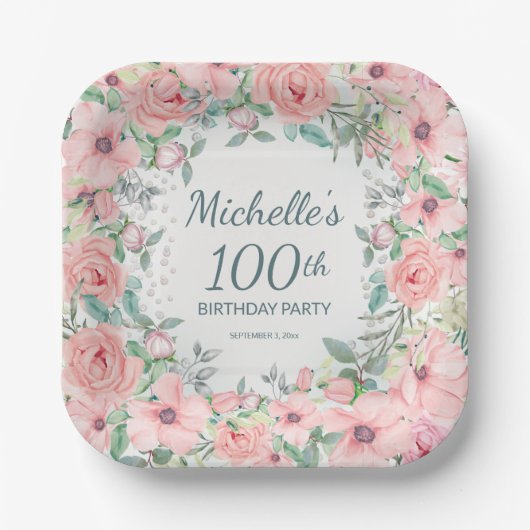 Rosa Aquarellfarben Rose Perlen 100. Geburtstag Pappteller (Vorderseite)