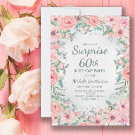 Rosa Aquarellfarben Rose Perlen 60. Geburtstag<br><div class="desc">Überraschung 60. Geburtstagsparty individuelle Einladungen entworfen mit eleganten rot rosa Aquarell Blumen,  Grün und Perlen. Text ist vollständig anpassbar,  so entwerfen Sie diese Einladungen für jeden beliebigen Alter.</div>