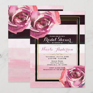 Rosa Aquarellfarben Rose Schwarz-weiß Streifen Mod Einladung