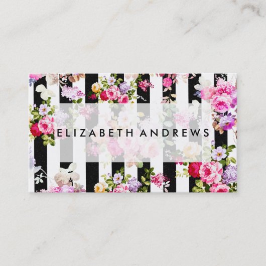 Rosa Aquarellfarben Rose Schwarz-weiße Streifen Visitenkarte (Vorderseite)