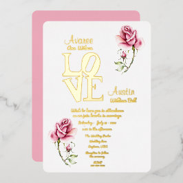 Rosa Aquarellfarben Rose und Goldene Fohlen Einlad Folieneinladung