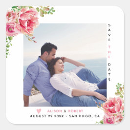 Rosa Aquarellfarben, Salbei-Grün-Blätter, Foto Quadratischer Aufkleber