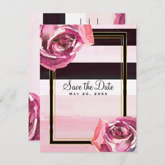 Rosa Aquarellfarben - Save the Date Schwarz-weiß Ankündigungspostkarte (Vorne/Hinten)
