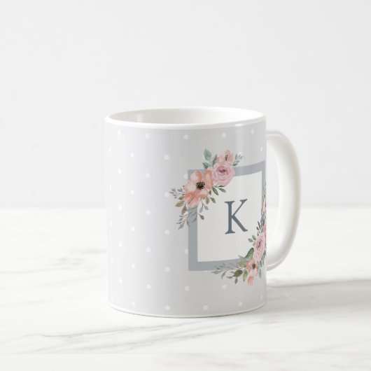 Rosa Aquarellfarben und Graupunkte | Monogramm Kaffeetasse (VorderseiteRechts)