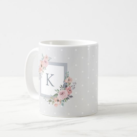 Rosa Aquarellfarben und Graupunkte | Monogramm Kaffeetasse (Vorderseite Links)