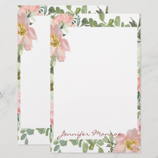 Rosa Aquarellflora personalisiert Briefpapier (Vorne/Hinten)