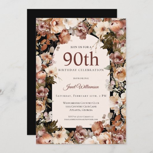 Rosa Aquarellgarten Blumengarten 90. Geburtstag Einladung (Vorne/Hinten)