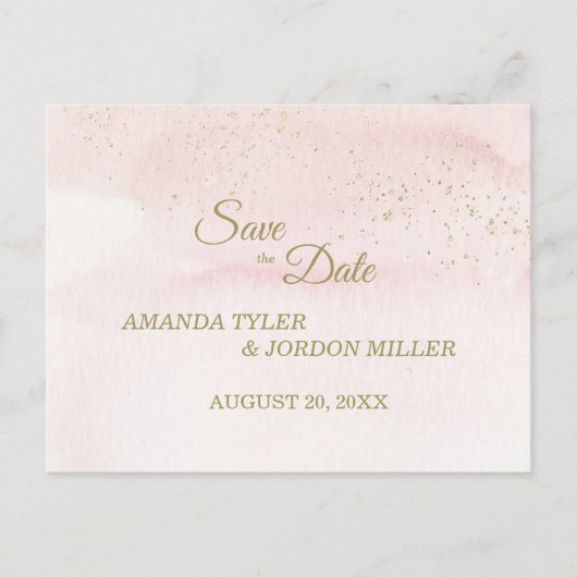 Rosa Aquarellgoldart Hochzeit Sichern Sie das Datu Ankündigungspostkarte (Vorderseite)