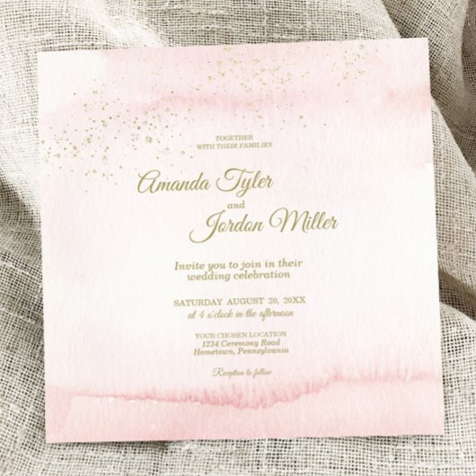 Rosa Aquarellgoldtafel Square Hochzeit Einladung