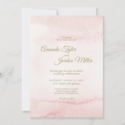 Rosa Aquarellgoldtyp in einer Hochzeit Einladung (Vorderseite)