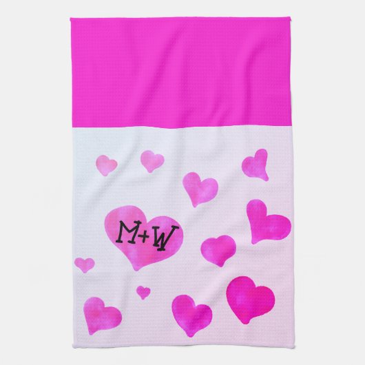 Rosa Aquarellherzen Eigene Namensinitialen Geschirrtuch (Vertikal)