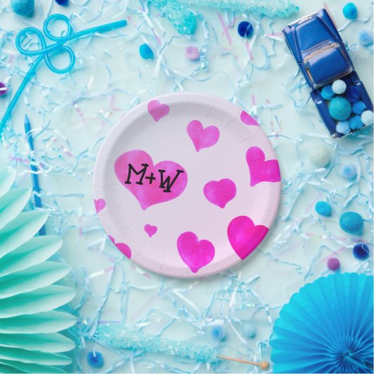 Rosa Aquarellherzen Eigene Namensinitialen Pappteller (Party)