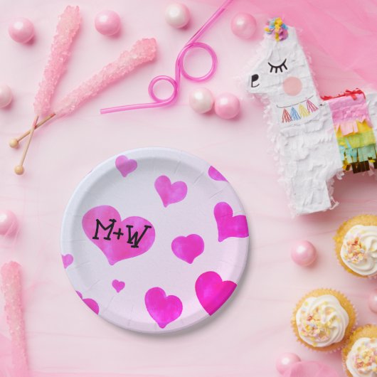 Rosa Aquarellherzen Eigene Namensinitialen Pappteller (Party)