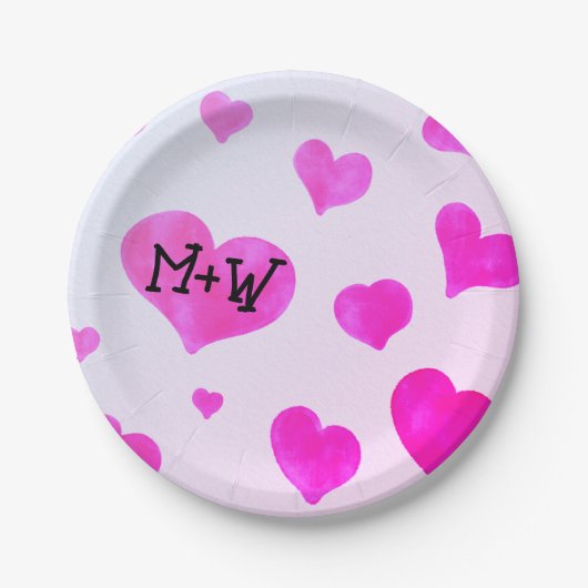 Rosa Aquarellherzen Eigene Namensinitialen Pappteller (Vorderseite)