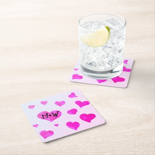 Rosa Aquarellherzen Eigene Namensinitialen Rechteckiger Pappuntersetzer (Vor Ort)